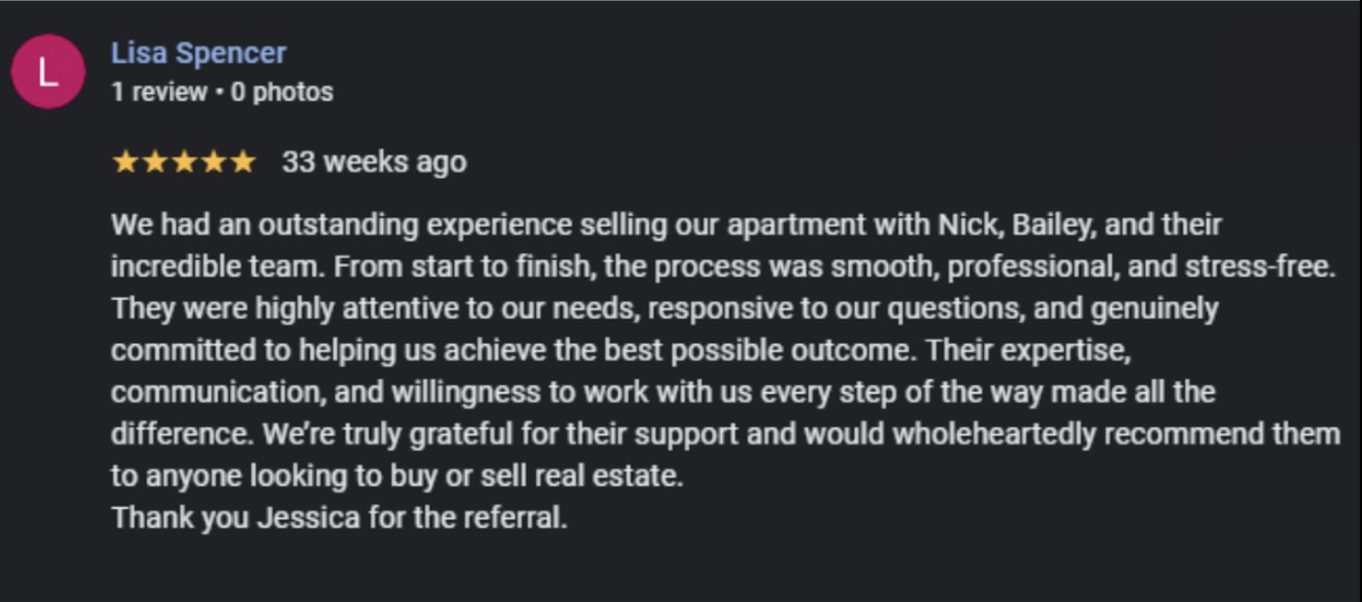 5-star Google review from Lisa Spencer praising Nick and Bailey at Aloha Cash Buyer